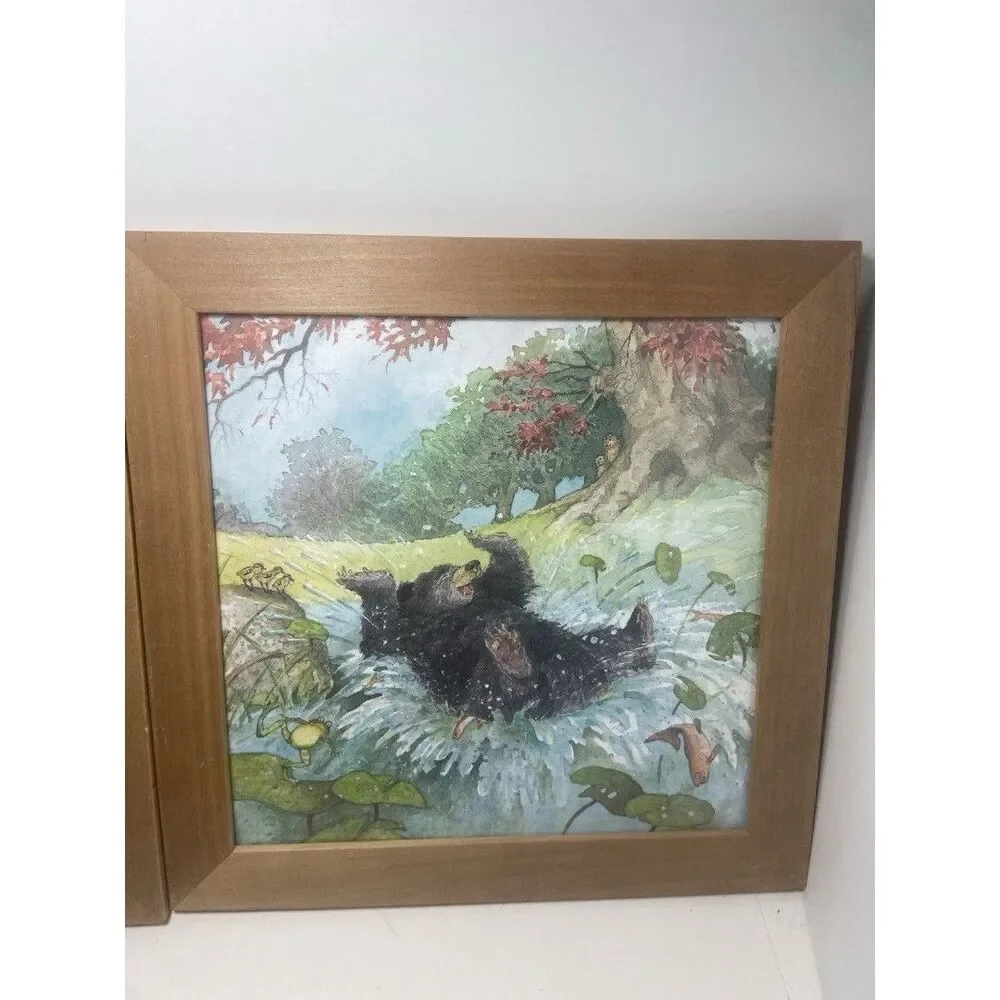 Set of 2 Ikea Bear Swimming 1999 print Kids Baby Nursery art wall decor Framed